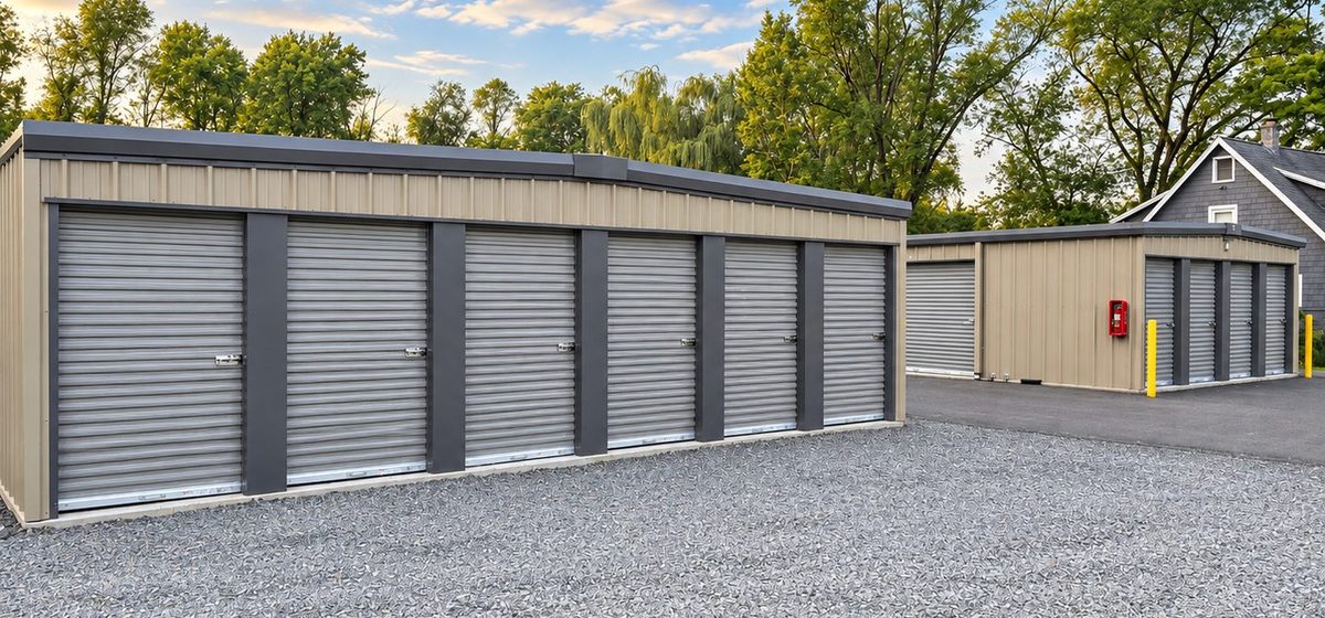 Row of drive-up storage units at Five Mile Point Self Storage in Kirkwood, New York