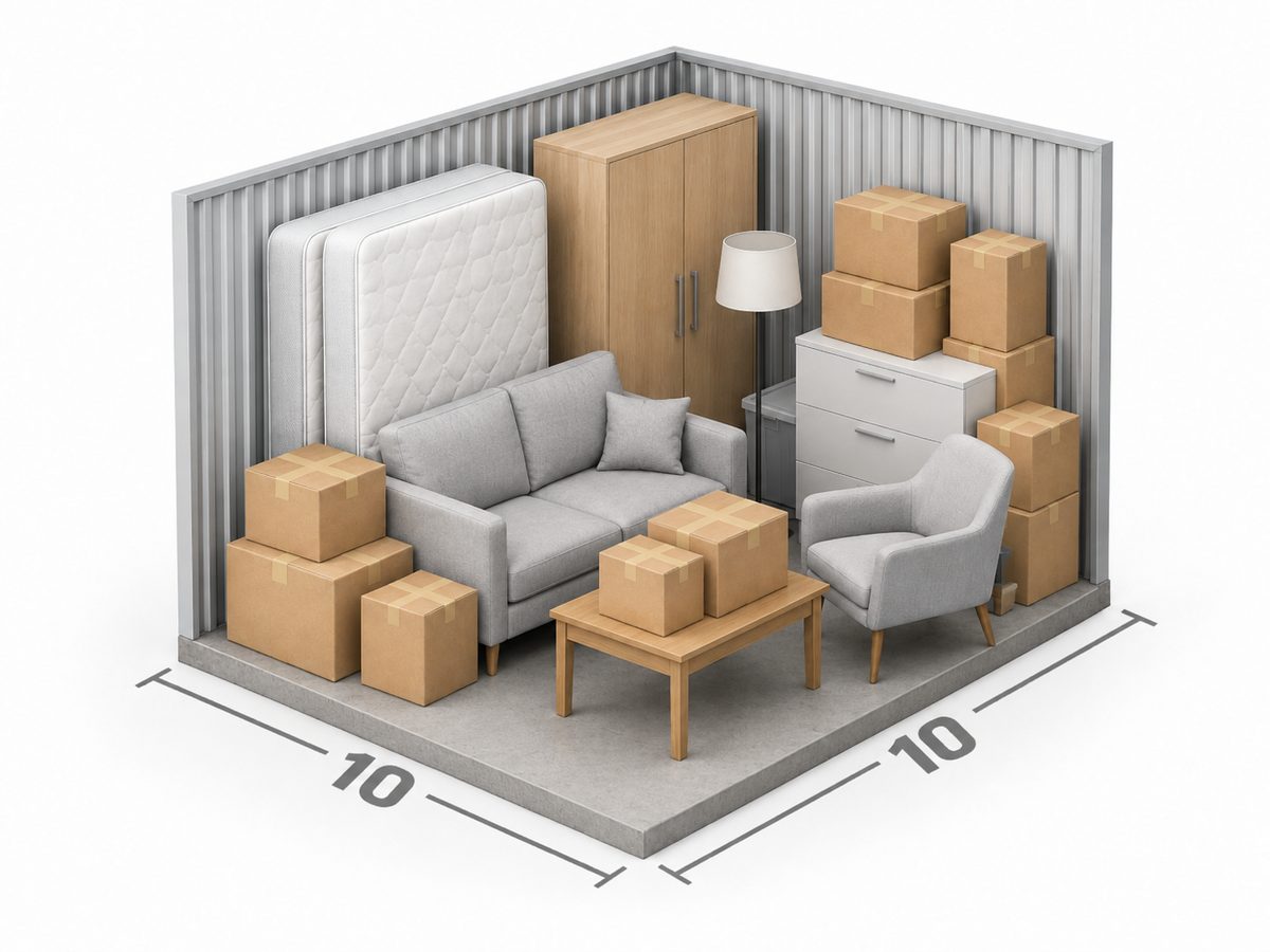 Inside a 10' x 10' storage unit, loaded with furniture and boxes