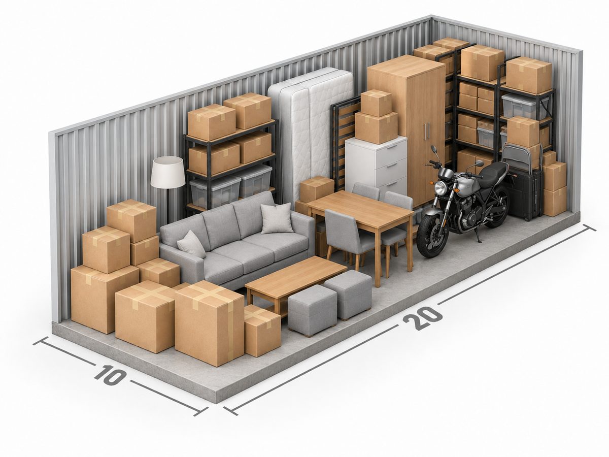Inside a 10' x 20' storage unit, loaded with furniture and boxes